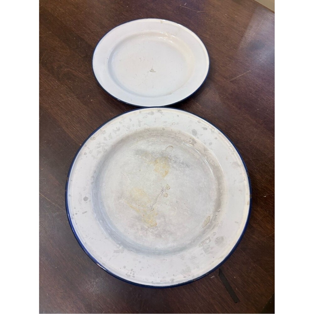 2 White Enamel Sweden Plates Blue Rim